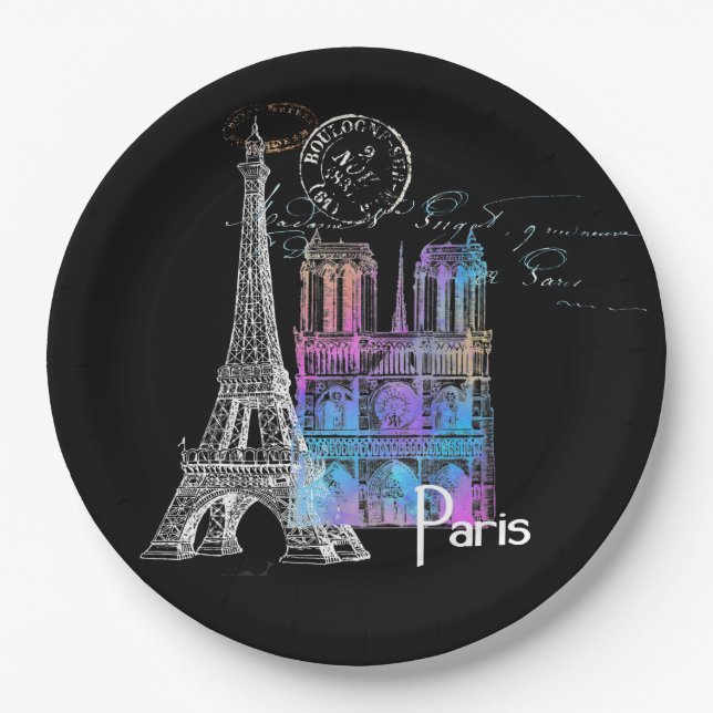 Paris Eiffel Notre Dame Rainbow Französische Papie Pappteller (Vorderseite)