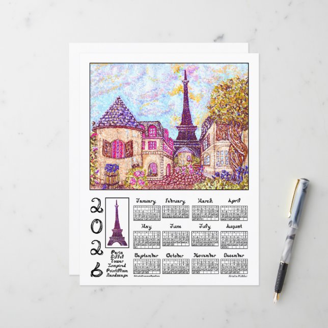 Paris Eiffel Pointillism Landscape 2026 Calendar (Vorderseite/Rückseite Beispiel)