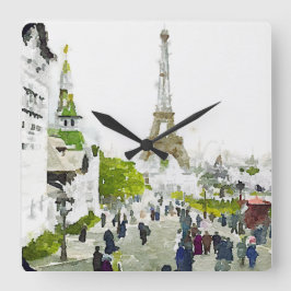 Paris Eiffel Tower Aquarellmalerei Quadratische Wanduhr