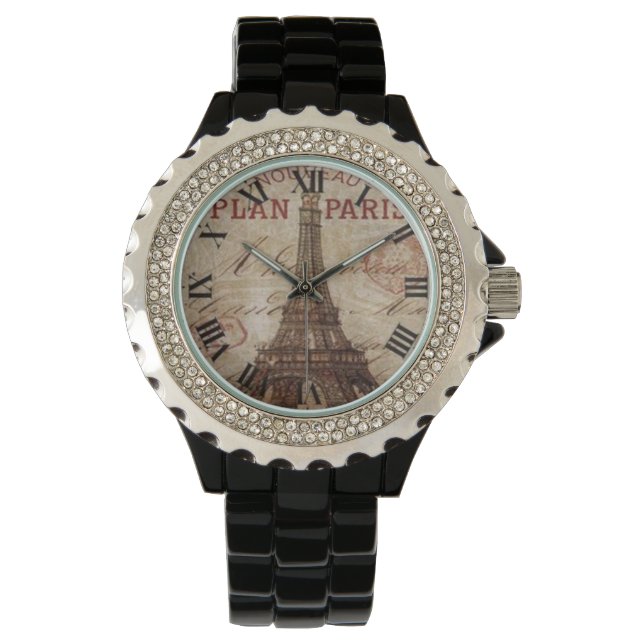 Paris Eiffel Tower Black Roman Numerale Watch Armbanduhr (Vorderseite)