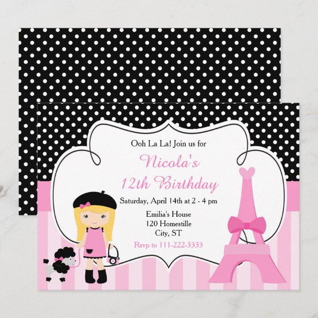 Paris Eiffel Tower Blonde Girl Birthday Party Einladung (Vorne/Hinten)