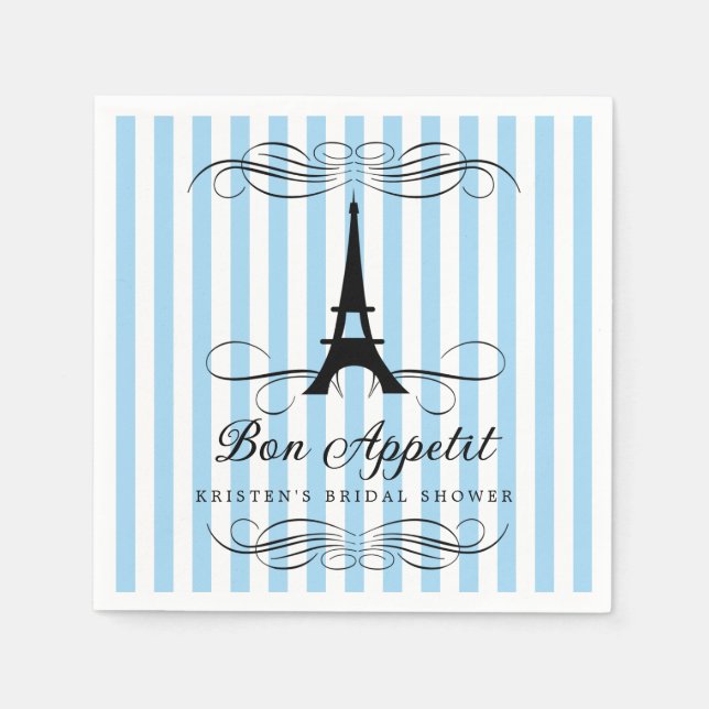 Paris Eiffel Tower Blue Streifen Brautparty Serviette (Vorderseite)