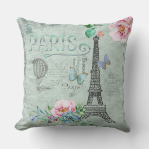 Paris-Eiffel Tower-Blume-Floral-Vintag-Rose Kissen