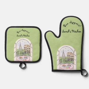 Paris Eiffel Tower Bon Appetit PERSONALIZE Ofenhandschuh & Topflappen-Set