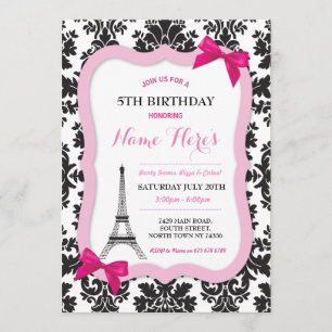 Paris Eiffel Tower Bow Damask Geburtstag Einladung