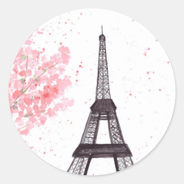 Paris Eiffel Tower Cherry Blossom Wasserfarbe Runder Aufkleber (Vorderseite)