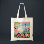 Paris Eiffel Tower Collage Bag Tragetasche<br><div class="desc">Hübsche Eiffelturm Bistro Dress Blume Kunst von Karen Fields.</div>