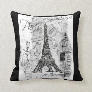 Paris Eiffel Tower Collage Black & White Kissen
