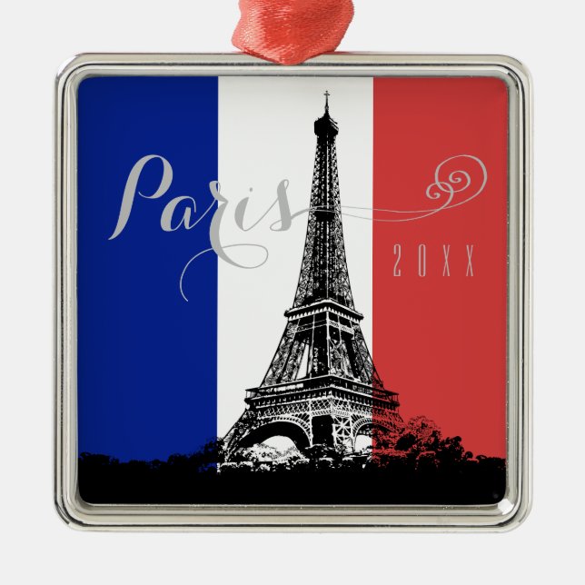 Paris Eiffel Tower France Flag Year Christmas Ornament Aus Metall (Vorne)