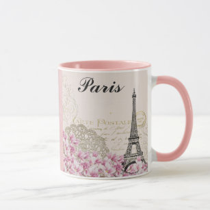 Paris Eiffel Tower Frankreich Vintage rosa Blume Tasse