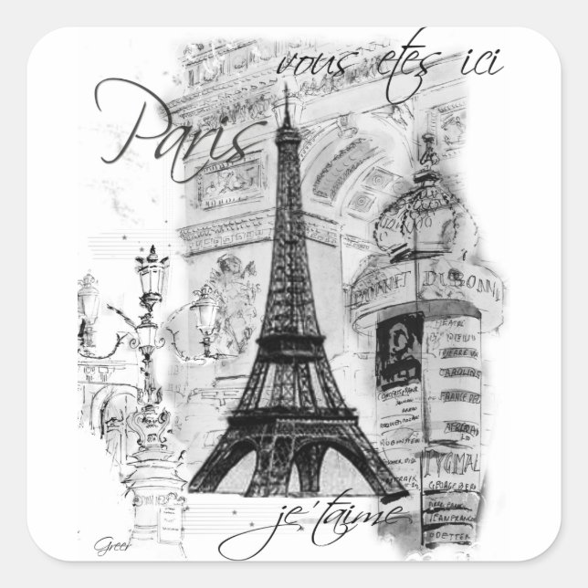 Paris Eiffel Tower Französisch Szene Collage Quadratischer Aufkleber (Vorderseite)