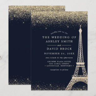 Paris Eiffel Tower Gold Confetti Navy Blue Wedding Einladung