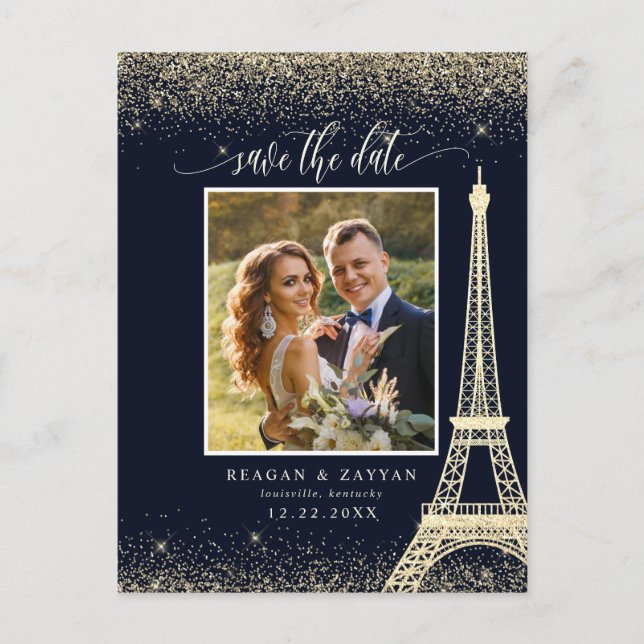 Paris Eiffel Tower Navy Gold Foto Save the Date Ankündigungspostkarte (Vorderseite)