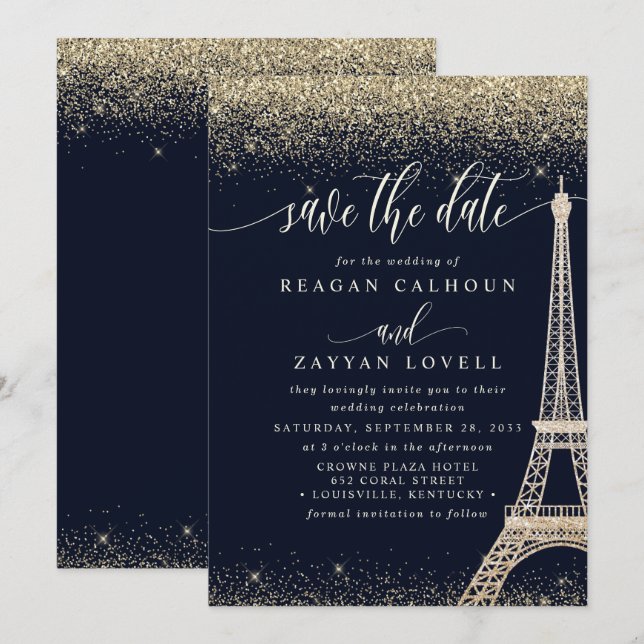 Paris Eiffel Tower Navy Gold Save the Date Card (Vorne/Hinten)
