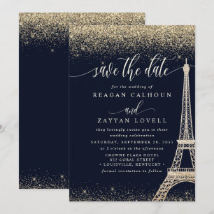 Paris Eiffel Tower Navy Gold Save the Date Card