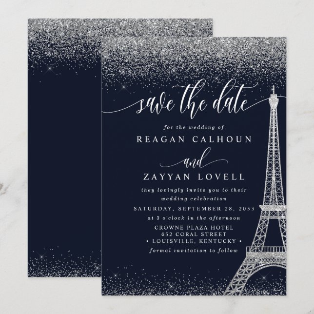 Paris Eiffel Tower Navy Silver Save the Date Card (Vorne/Hinten)
