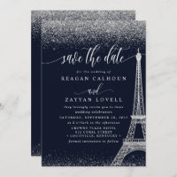Paris Eiffel Tower Navy Silver Save the Date Card
