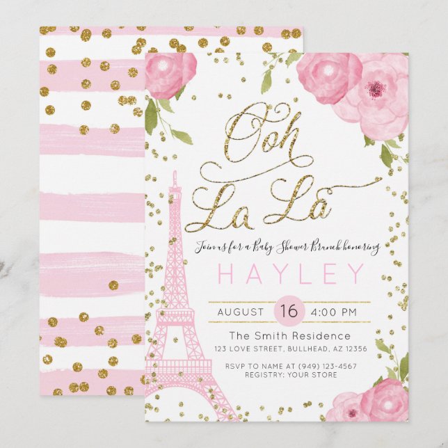Paris Eiffel Tower Pink Gold Baby Dusche Einladung (Vorne/Hinten)