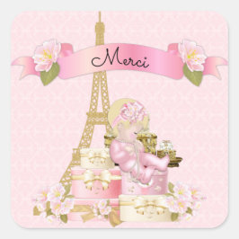 Paris Eiffel Tower Pink Gold Baby Girl Blonde Quadratischer Aufkleber
