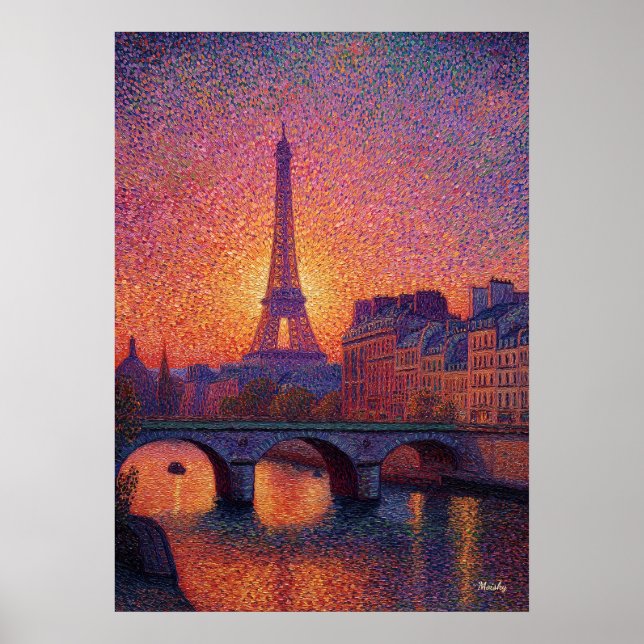 Paris Eiffel Tower Pointillism Sunset Cityscape Ar Poster (Vorne)