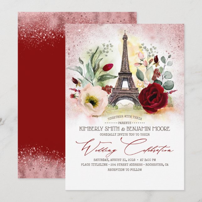 Paris Eiffel Tower Rose Gold und Burgund Wedding Einladung (Vorne/Hinten)