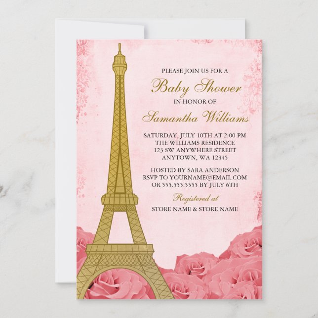 Paris Eiffel Tower Rose Pink Gold Baby Dusche Einladung (Vorderseite)