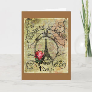 Paris Eiffel Tower & Rote Rose Steampunk Karte