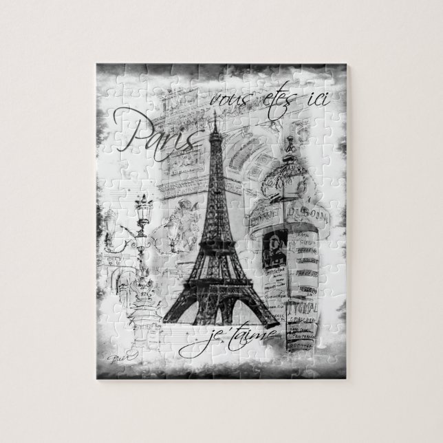 Paris Eiffel Tower Scene Collage Black & White (Vertikal)
