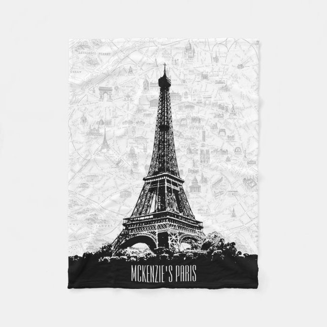 Paris Eiffel Tower Schwarz-weißer Vintager Kartenn Fleecedecke (Vorderseite)
