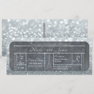 Paris Eiffel Tower Silver Glitzer Ticket Wedding Einladung