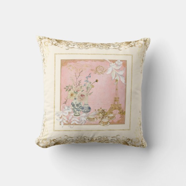 Paris Eiffel Tower Tea Floral Foliage Baroque Gold Kissen (Vorderseite)