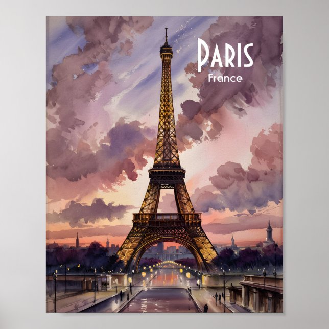 Paris Eiffel Tower Twilight Watercolor Custom Text Poster (Vorne)