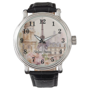 Paris Eiffel Tower Vintag Watercolor Reisen Armbanduhr