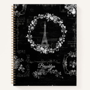 Paris Eiffel Tower Vintage Blume Ephemera Black Notizbuch
