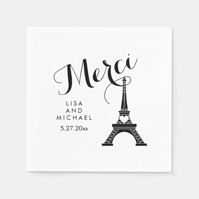 Paris Eiffel Tower Wedding Black and White Merci Serviette (Vorderseite)