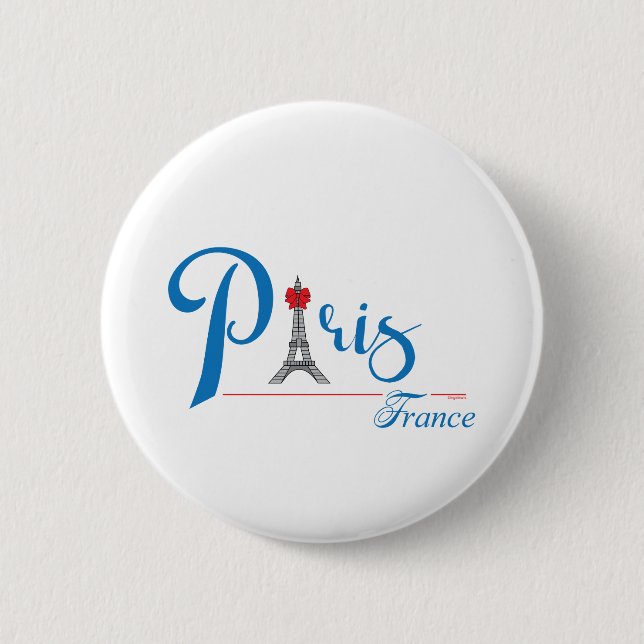 Paris Eiffel Turm Blau Text Schleife Button (Vorderseite)