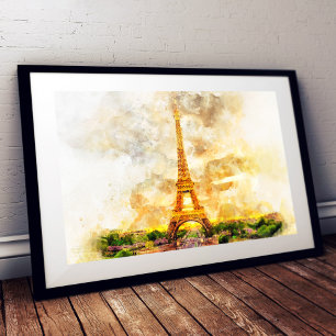 Paris Eiffelturm Aquarell Sonnenuntergang Kunst Dr Fotodruck