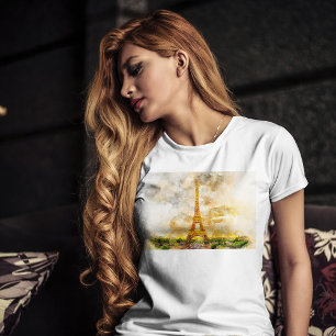 Paris Eiffelturm Aquarell Sonnenuntergang Kunst Dr T-Shirt