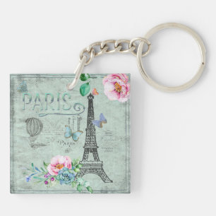 Paris-Eiffelturm-Blume-Blumen-Vintage-Rosen Schlüsselanhänger