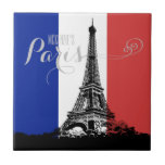 Paris-Eiffelturm-Frankreich-Flaggen-Monogramm Fliese<br><div class="desc">Diese Chic-Keramikfliese kennzeichnet eine schwarze Eiffel-Turmgraphik mit "Paris" im modernen Skript mit einem Namen,  damit Sie personifizieren. Der Hintergrund ist das Rote,  das Weiß und die blauer Sumpf-Schwertlilie von Frankreich. Entworfen durch weltberühmtes Künstler ©Tim Coffey.</div>