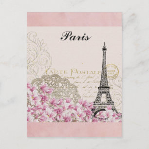 Paris Eiffelturm Frankreich Vintage rosa Blumen Postkarte