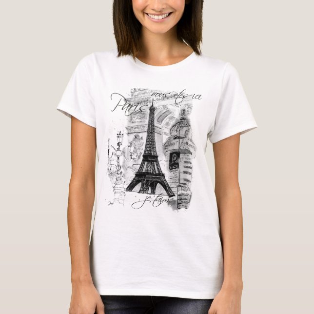 Paris Eiffelturm Französische Szene Collage T-Shirt (Vorderseite)
