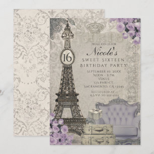 Paris Eiffelturm Lila Rosen Party Einladungen
