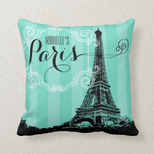 Paris-Eiffelturm-Monogramm Seafoam grüne Streifen Kissen