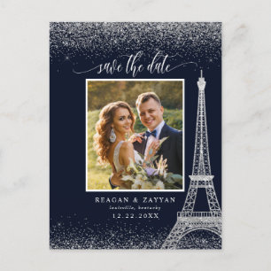 Paris Eiffelturm Navy Silber Foto Save The Date Ankündigungspostkarte