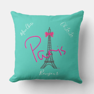 Paris, Eiffelturm Pink Bow Modernes Türkis Kissen