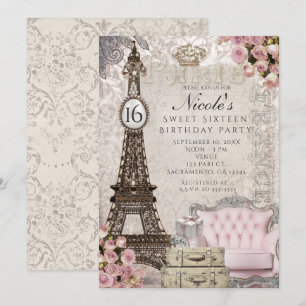 Paris Eiffelturm rosa Rosen Party-Einladungen Einladung