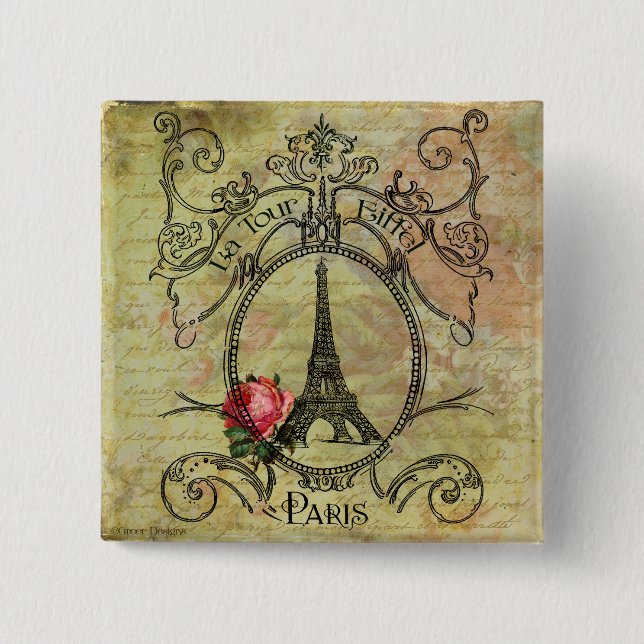 Paris Eiffelturm & rote Rose Steampunk Button (Vorderseite)