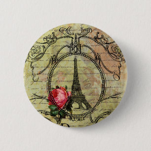Paris Eiffelturm & rote Rose Steampunk Button