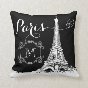 Paris Eiffelturm Schwarz-Weiß-Mit Monogramm Kissen